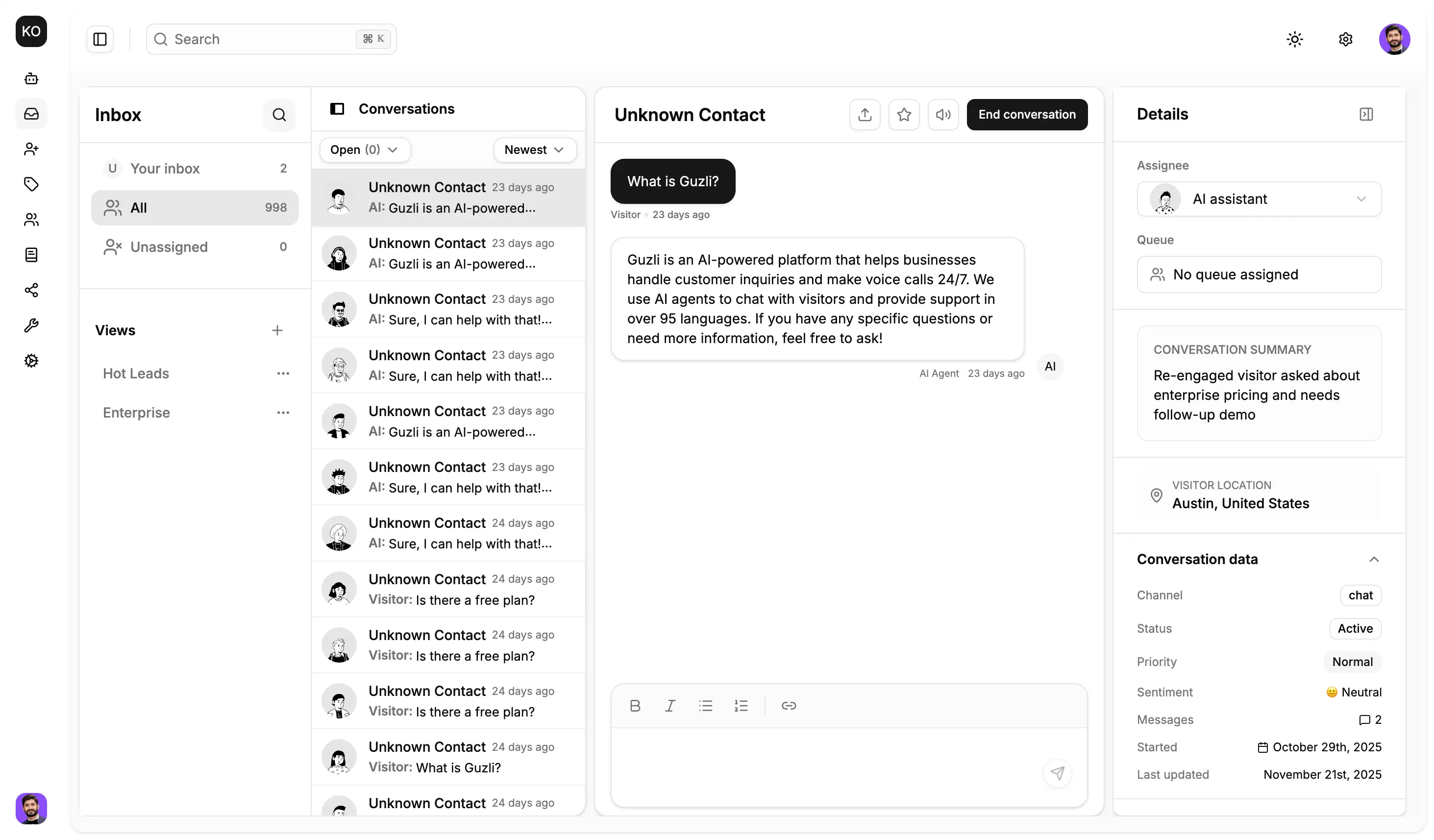 Guzli AI chatbot answering live customer query using website data
